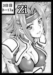  bad_id bad_pixiv_id black_border blush bodysuit border breasts circle_cut cleavage code_geass covered_nipples greyscale headband kallen_stadtfeld large_breasts lowres monochrome mutsuki_ginji naughty_face short_hair smile solo 