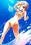  ;d bad_id bad_pixiv_id bikini blonde_hair day lens_flare navel one_eye_closed open_mouth original oryou red_eyes shading_eyes short_hair side-tie_bikini smile solo swimsuit undressing untied untied_bikini water 