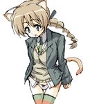  animal_ears blue_eyes braid brown_hair cat_ears formal jacket kurou_(niconicorin) lynette_bishop necktie no_pants oekaki open_mouth panties simple_background single_braid solo strike_witches tail thighhighs underwear white_background world_witches_series 