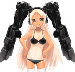  armor armored_twintails bikini black_bikini blonde_hair cowboy_shot denki green_eyes hands_on_hips head_tilt headphones long_hair looking_at_viewer machine one-piece_tan original simple_background smile solo swimsuit tan tanline thighhighs twintails white_background white_legwear 