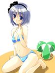  :o aokawa_daisuke ball barefoot beachball bikini blue_bikini blush konpaku_youmu navel sitting solo swimsuit touhou transparent wariza 