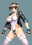  abs ass_visible_through_thighs bang-you bangs black_gloves black_jacket breasts brown_eyes brown_hair buttons cleavage closed_mouth collarbone cosplay covered_navel covered_nipples cowboy_shot eyebrows fingerless_gloves ghost_in_the_shell ghost_in_the_shell_stand_alone_complex gloves grey_background groin groin_tendon hair_between_eyes hairband highleg highleg_leotard jacket kashiwagi_azusa kizuato kusanagi_motoko kusanagi_motoko_(cosplay) large_breasts legs_apart leotard looking_at_viewer open_clothes open_jacket serious shiny shiny_skin short_hair simple_background skindentation solo standing strapless strapless_leotard thick_eyebrows thighhighs thighs toned white_legwear white_leotard 