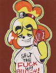  2019 animal_crossing anthro bell beverage_can canid canine canis clothed clothing coca-cola domestic_dog english_text eyebrows eyebrows_visible_through_hair female fur gheyblin grin half-closed_eyes holding_object isabelle_(animal_crossing) mammal nintendo profanity shih_tzu shirt simple_background smile solo t-shirt teeth text traditional_media_(artwork) video_games yellow_fur 