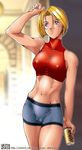  abs arikawa bare_shoulders blonde_hair blue_eyes blue_mary breasts cameltoe can covered_nipples drink fatal_fury halterneck medium_breasts midriff no_bra short_hair sleeveless sleeveless_turtleneck solo the_king_of_fighters tight toned turtleneck 