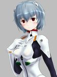  ayanami_rei blue_hair blush bodysuit breasts covered_nipples dc_high_voltage neon_genesis_evangelion plugsuit red_eyes short_hair small_breasts solo white_bodysuit 