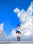  black_hair closed_eyes cloud day falling ofukuro-sama original panties pantyshot school_uniform short_hair skirt sky smile solo suicide underwear upskirt white_panties 