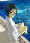  black_hair blue_eyes drain_(object) dress_shirt face from_side glasses hair_ornament hairclip hand_on_thigh looking_at_viewer original pool poolside see-through shirabi shirt short_hair sitting smile soaking_feet solo water wet wet_clothes 