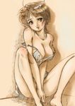  bare_shoulders barefoot blush breasts brown_eyes brown_hair camisole cleavage copyright_request large_breasts no_panties rasukaru sitting sketch solo strap_slip 