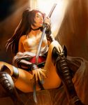  azazel1944 black_panties boots breasts breasts_apart choker closed_eyes copyright_request demon katana long_hair medium_breasts nipples panties realistic see-through sitting solo spread_legs sword underwear weapon 