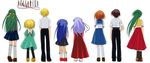  6+girls artist_request back blonde_hair blue_hair brown_hair copyright_name furude_rika green_hair green_skirt hakama half_updo hanyuu higurashi_no_naku_koro_ni horns houjou_satoko houjou_satoshi japanese_clothes long_hair maebara_keiichi multiple_boys multiple_girls orange_hair pantyhose ponytail purple_hair red_hakama ribbon ryuuguu_rena school_uniform short_hair siblings sisters skirt sonozaki_mion sonozaki_shion twins 