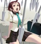  bad_id bad_pixiv_id bag breasts brown_hair copyright_request large_breasts masao necktie panties polearm scared school_bag school_uniform short_hair sitting solo spear torn_clothes underwear weapon white_panties 