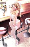  alcohol artist_request bar blonde_hair breasts brown_eyes cleavage copyright_request drink high_heels highres johnnie_walker large_breasts lingerie shoes sitting solo thighhighs underwear whiskey 