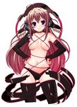  blue_eyes breasts brown_hair detached_sleeves hat long_hair medium_breasts original ribbon solo thighhighs topless youta 