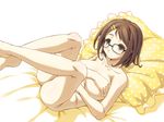  areolae bed breast_hold breasts brown_eyes brown_hair glasses large_breasts nude original pillow short_hair solo yousisi 