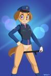  2019 anthro anthrofied blush bottomless brown_fur canid canine canis clothed clothing devo87 domestic_dog female fur hat looking_at_viewer mammal multicolored_fur nightstick open_mouth paw_patrol pink_eyes police_hat police_uniform pussy skye_(paw_patrol) solo teeth tongue two_tone_fur uniform 