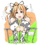  animal_print artist_request bell bell_collar breast_press breasts collar copyright_request cow_girl cow_print cow_tail fence gloves huge_breasts long_hair orange_eyes orange_hair ponytail solo tail 