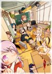  6+girls akasaka_mamoru asatana blonde_hair blush chibi chie_rumiko classroom everyone furude_rika gun hanyuu higurashi_no_naku_koro_ni horns houjou_satoko indoors irie_kyousuke kasai_tatsuyoshi maebara_keiichi multiple_boys multiple_girls okonogi_tetsurou ooishi_kuraudo rope ryuuguu_rena siblings sisters sonozaki_mion sonozaki_shion sword takano_miyo tomitake_jirou trapped twins weapon 