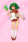  :d ahoge apron blush china_dress chinese_clothes creature dress full_body green_hair holding kara_(color) looking_at_viewer macross macross_frontier no_panties open_mouth pink_background puffy_short_sleeves puffy_sleeves ranka_lee red_dress shoes short_sleeves simple_background smile solo tareme 
