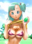  ball bangs between_breasts bikini bikini_under_clothes blue_eyes blue_hair blunt_bangs blurry breast_squeeze breasts bulma cleavage cloud day depth_of_field dragon_ball dragon_ball_(classic) dragon_ball_(object) dragon_ball_z dragon_radar earrings grass jewelry large_breasts lifted_by_self looking_at_viewer micro_bikini one_side_up outdoors parted_lips purple_bikini shirt shirt_lift short_sleeves sideboob sky solo star star_print string_bikini swimsuit t-shirt tree ueyama_michirou underboob undressing upper_body yellow_shirt 