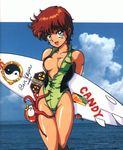  artist_request blue_eyes brown_hair cloud copyright_request day highres octopus one-piece_swimsuit sky solo surfboard swimsuit water 