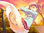  barefoot blush brown_hair closed_eyes cloud feet game_cg hair_bobbles hair_ornament hairband kawata_hisashi lace lace-trimmed_panties nanako_(to_heart_2) panties print_panties school_uniform skirt sky soles solo sunset thighhighs third-party_edit to_heart_2 to_heart_2_ad toes twintails underwear upskirt white_panties 