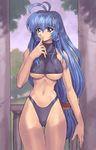  ahoge alicia_mcfadden blue_eyes blue_hair brave_soul breasts covered_nipples highleg highleg_panties huge_breasts long_hair mogudan panties solo underboob underwear 