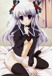  absurdres copyright_request hair_ribbon highres narumi_yuu_(bunbukudou) open_clothes open_shirt panties purple_eyes purple_hair ribbon shirt solo thighhighs underwear 