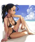  barefoot bikini black_hair blue_eyes breasts cleavage day earrings jewelry katahira_masashi long_hair medium_breasts original ponytail side-tie_bikini sitting solo strap_gap swimsuit 