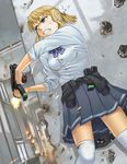  blind_fire blonde_girl_(itou) blonde_hair blood bra bullet_hole button_gap casing_ejection clenched_teeth firing grimace gun hair_ribbon holding holding_gun holding_weapon itou_(onsoku_tassha) lingerie machine_pistol magazine_(weapon) muzzle_flash original popped_button purple_eyes ribbon shell_casing shiny shiny_skin shirt short_hair skindentation skorpion_vz._61 sleeves_rolled_up solo submachine_gun teeth thighhighs tied_shirt unbuttoned underwear weapon zettai_ryouiki 