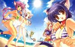  animal_ears ass beach bell bell_collar bikini braid breasts cat_ears chibi cleavage cloud collar copyright_request covered_nipples day dolphin fang glasses highres innertube ishida_hiroyuki jingle_bell large_breasts multiple_girls ocean outdoors pink_hair ponytail sideboob silver_hair sky striped sun swimsuit tail twin_braids underboob wallpaper widescreen 