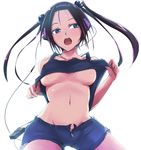  blue_eyes breasts digital_media_player hair_bobbles hair_ornament headphones kasai_shin large_breasts long_hair open_fly original purple_hair shirt_lift shorts simple_background solo twintails underboob unzipped white_background 