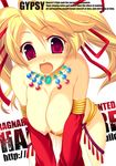  bent_over blonde_hair breast_squeeze breasts detached_sleeves fang gypsy gypsy_(ragnarok_online) hair_ribbon jewelry kinoshita_ichi large_breasts long_hair nipples ragnarok_online red_eyes ribbon solo topless twintails 