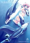  ass bikini blue_background breasts cleavage dated elbow_gloves from_below gloves green_eyes light_smile looking_at_viewer mecha mecha_musume mermaid monster_girl no_nose orca original pink_hair rohgun short_hair signature small_breasts solo split_tail swimsuit underwater 