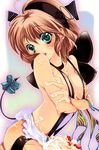  apron aqua_eyes bad_id bad_pixiv_id breasts brown_hair cake choker copyright_request cowboy_shot cream fishnets food green_eyes hairband medium_breasts nipples pastry short_hair solo suspenders tail thighhighs yu_(bkks) 