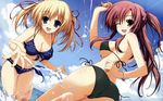  ass bikini blonde_hair blue_eyes breasts brown_eyes cleavage cloud day frilled_bikini frills front-tie_top highres large_breasts multiple_girls one_eye_closed original outdoors red_hair side-tie_bikini sky smile swimsuit tomose_shunsaku twintails underboob wallpaper water widescreen 