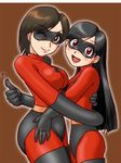  2girls age_difference bodysuit breasts domino_mask elastigirl erect_nipples helen_parr hug large_breasts latex long_hair looking_at_viewer mask milf mother_and_daughter multiple_girls open_mouth pantyhose purple_bonus short_hair skin_tight small_breasts smile the_incredibles tights violet_parr wink 
