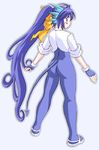  ass blue_eyes blue_hair blush gomamiso_(gomamiso_sp) long_hair miwajou original simple_background skin_tight sleeves_rolled_up solo tail very_long_hair 