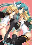  2girls :p bad_id bad_pixiv_id blonde_hair blue_eyes blue_hair blue_panties blush breast_press breasts brother_and_sister green_panties hanao_(kuma-tan_flash!) hatsune_miku kagamine_len kagamine_rin long_hair medium_breasts multiple_girls necktie panties pantyshot pink_panties polka_dot polka_dot_panties short_hair siblings striped striped_panties thighhighs tongue tongue_out twins twintails underwear vocaloid 