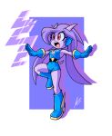  anthro arms_out black_nose blue_boots blue_gloves blue_tank_top dragon eyelashes freedom_planet horns hotbloodedmachine mouth_open one_leg_up posing purple_hair purple_skin purple_tail red_eyes sash_lilac undershirt 