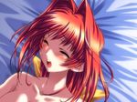  bed blush bou breasts closed_eyes game_cg kagami_sumika large_breasts lying muvluv on_back open_mouth red_hair solo topless 