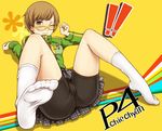  1girl ass bike_shorts blush brown_eyes brown_hair cameltoe feet glasses ina_(gokihoihoi) pantylines persona persona_4 pov_feet satonaka_chie short_hair shorts shorts_under_skirt skirt socks soles spandex spread_legs thighs toes yellow-framed_eyewear 