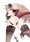  ass bow breasts copyright_request demon_girl elbow_gloves fasces feathers from_behind from_below gloves horns large_breasts long_hair solo tail tail_bow thighhighs tongue yellow_eyes 