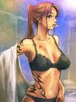  bad_id bad_pixiv_id black_lagoon black_panties blush bra brown_eyes brown_hair cigarette earrings jewelry kishizuka_kenji lingerie long_hair mole mole_under_mouth panties ponytail revy_(black_lagoon) smoking solo tattoo underwear underwear_only undressing 