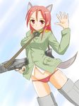  animal_ears cameltoe ginjyasei minna-dietlinde_wilcke no_pants panties red_eyes red_hair red_panties solo strike_witches striker_unit tail underwear world_witches_series 