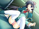  black_hair blue_eyes fallen_down game_cg lace lace-trimmed_panties long_hair nagase_sayaka one_eye_closed panties pantyshot pink_panties solo soul_link spread_legs suzuhira_hiro thighhighs underwear uniform upskirt 