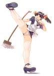  black_hair copyright_request high_kick highres kicking maid panties pantyshot ryoji_(nomura_ryouji) solo thighhighs thighs underwear white_panties 