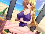  bb beach blonde_hair bottle breasts cleavage food gunner-l hands_clasped huge_breasts koinoki_shizuku ocean picnic pink_eyes sitting swimsuit tsuri_baka 