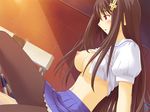  asakura_naoko black_hair blush breasts cross game_cg hair_ornament kono_aozora_ni_yakusoku_wo large_breasts long_hair midriff nekonyan nipples no_bra pantyhose red_eyes school_uniform shirt_lift sitting skirt solo 