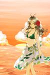  :o akizuki_ritsuko alternate_hairstyle arm_up bikini brown_hair cloud floral_print flower glasses green_bikini hair_down hair_flower hair_ornament hibiscus idolmaster idolmaster_(classic) idolmaster_1 kawaizumi_pome looking_at_viewer ocean outdoors print_sarong sarong see-through sky solo swimsuit translucent_sarong twilight wading water white_sarong wind 