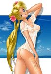  ass bishoujo_senshi_sailor_moon bottomless breasts condensation_trail contrail female nipples outdoors satoshi_igarashi see-through shirt sky solo tsukino_usagi wet wet_clothes wet_shirt wink 